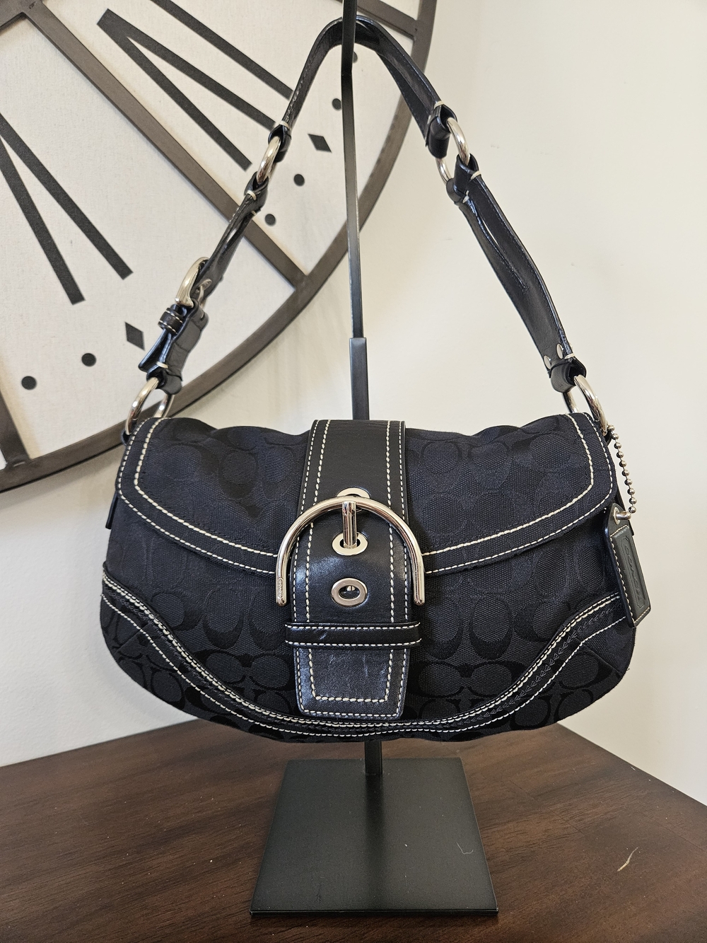 Vintage Coach Soho Black Signature Canvas Shoulder Bag with Silver Hardware